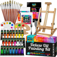 Oil Paint Set for Adults and Kids - Oil Painting Art Kits Supplies with Oil Based Paints, Stretched Canvas, Table Easel, Brushes, Palette, Knives and Paper Pad