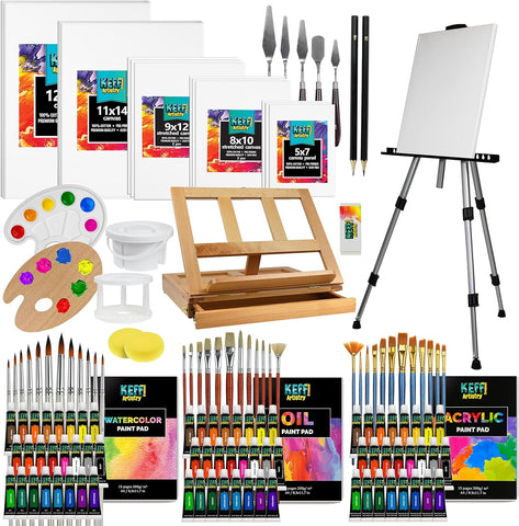 Keff Large Deluxe Art Painting Supplies Set - 140-piece Professional Paint Kit for Adults & Kids with Acrylic, Watercolor & Oil Paints, Aluminum