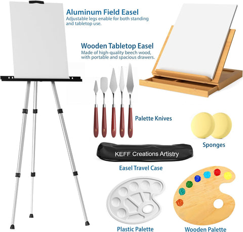 Keff keff large deluxe artists painting set - professional art paint kits  supplies for adults & kids with acrylic, watercolor & oi