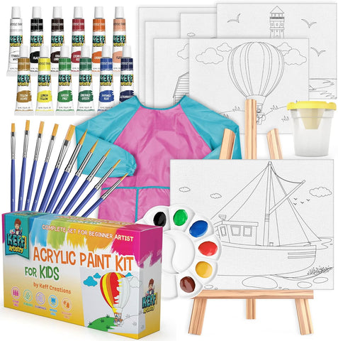 Complete Acrylic Paint kit for Kids - 34-Piece Art Supplies Set for Boys,  12 Acrylic Paint Tubes - nontoxic, canvases, Paint Brush Set, Tabletop  Easel, Art Smock, Paint Bundle Pack by KEFF