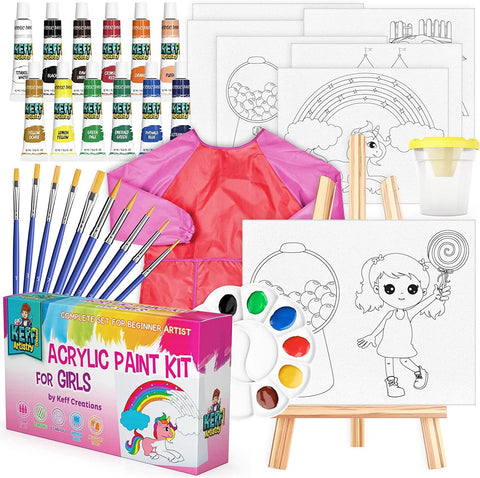 Kids Painting Set for Girls – Acrylic Paint Set for Kids - Art Supplies Kit with Pre Drawn Canvases, Non Toxic Paints, Wooden Easel, Paint Brushes, Palette & Pink Smock