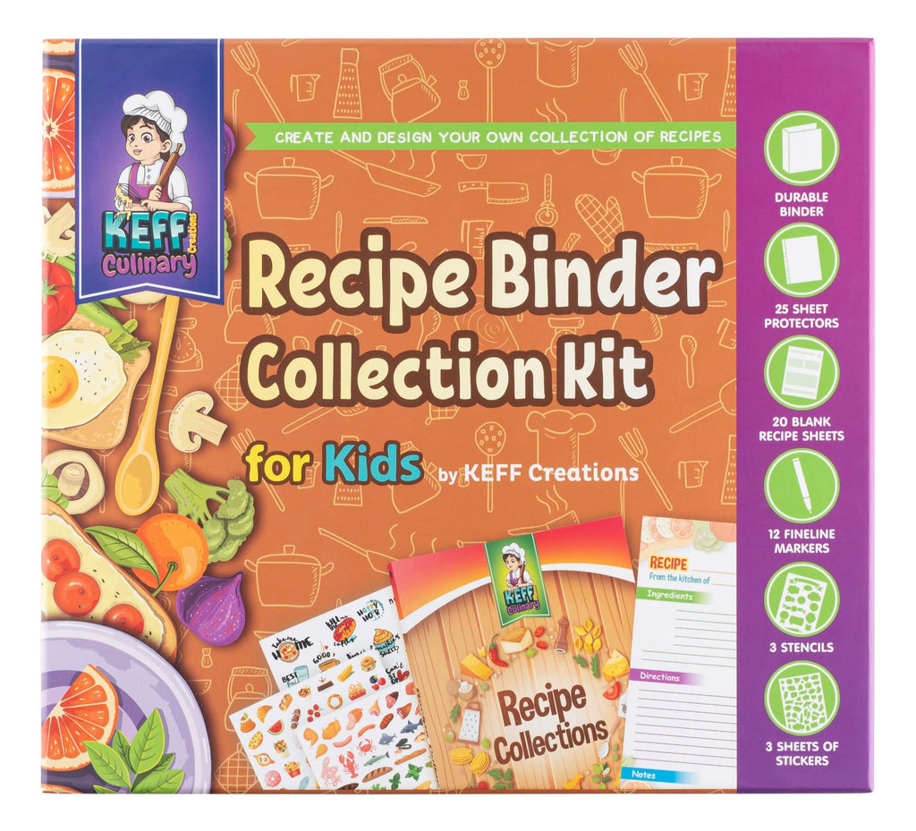 KEFF Recipe Binder Kit for Kids - Recipe Book To Write In Your Own Recipes - Cookbook Binder Organizer with Blank Recipe Cards, Card Holders, Dividers, Markers, Stencils & Stickers - 8.5x11