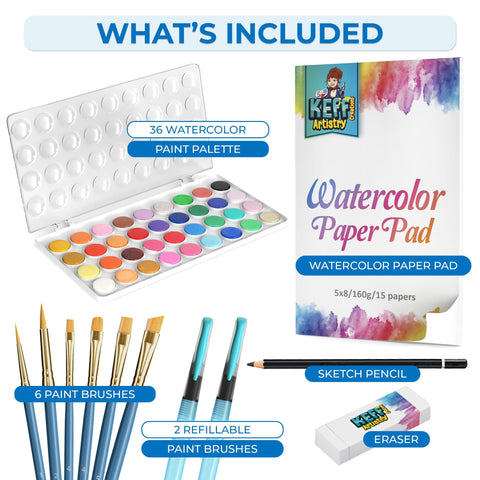 Keff Watercolor Paint Set – 36 Water Colors Paint for Kids with Paint Brushes, Refillable Brush Color Pens, Paper Pad, Pencil & Eraser - Painting